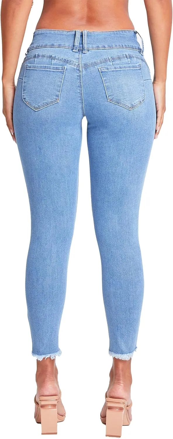 YMI Women's Wannabettabutt 3-Button Mid-Rise Fray Hem Skinny Ankle Denim Jeans