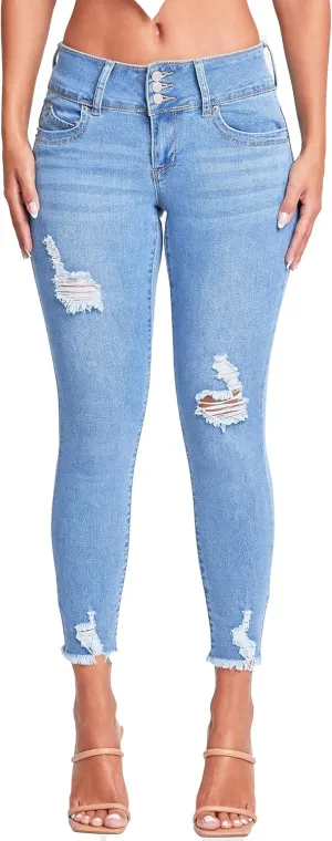YMI Women's Wannabettabutt 3-Button Mid-Rise Fray Hem Skinny Ankle Denim Jeans