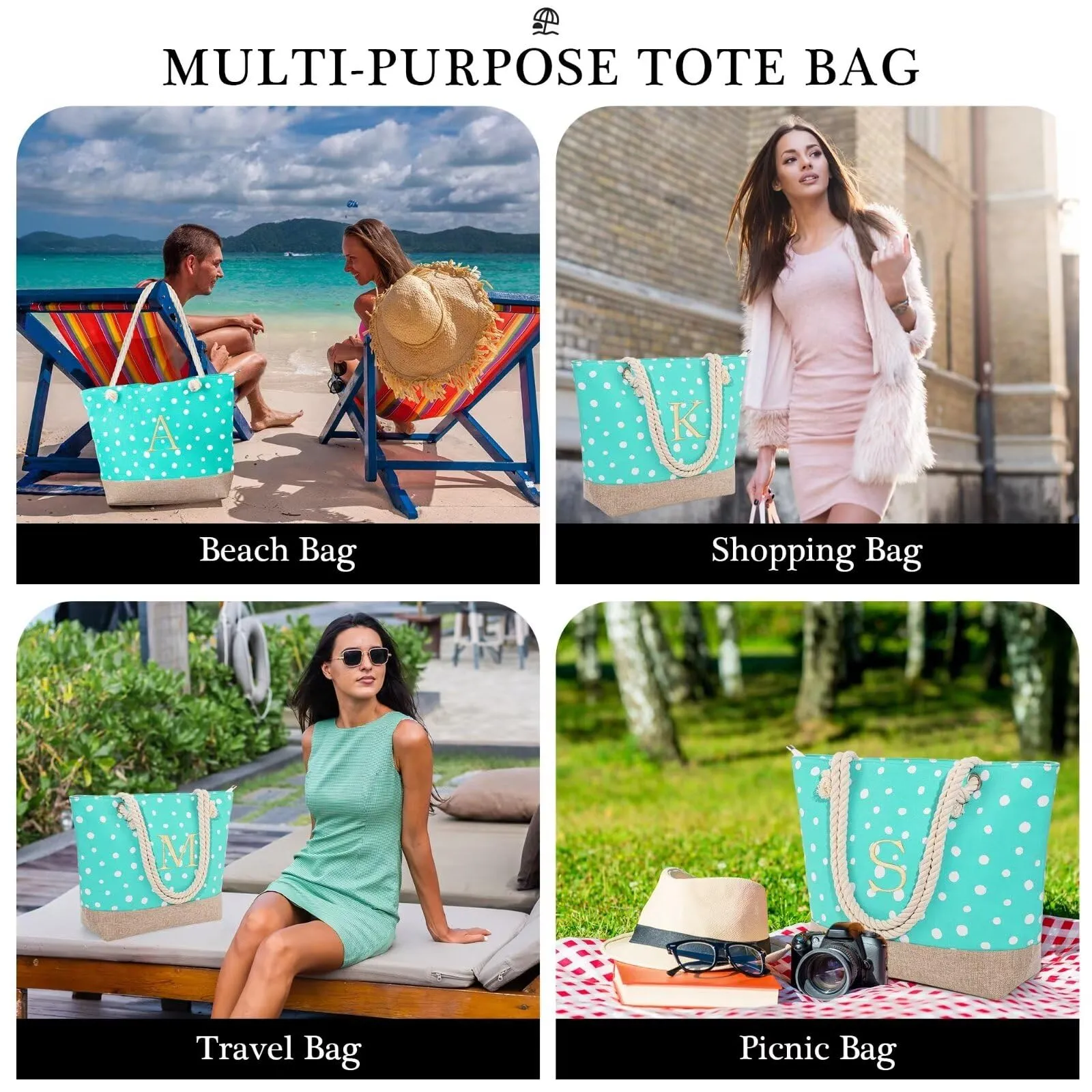 YOOLIFE Initial Beach Bag - Beach Bags for Women, Initial Beach Bag Canvas Monogrammed Beach Bag Personalized Travel Beach Gifts Birthday Gifts for Women M