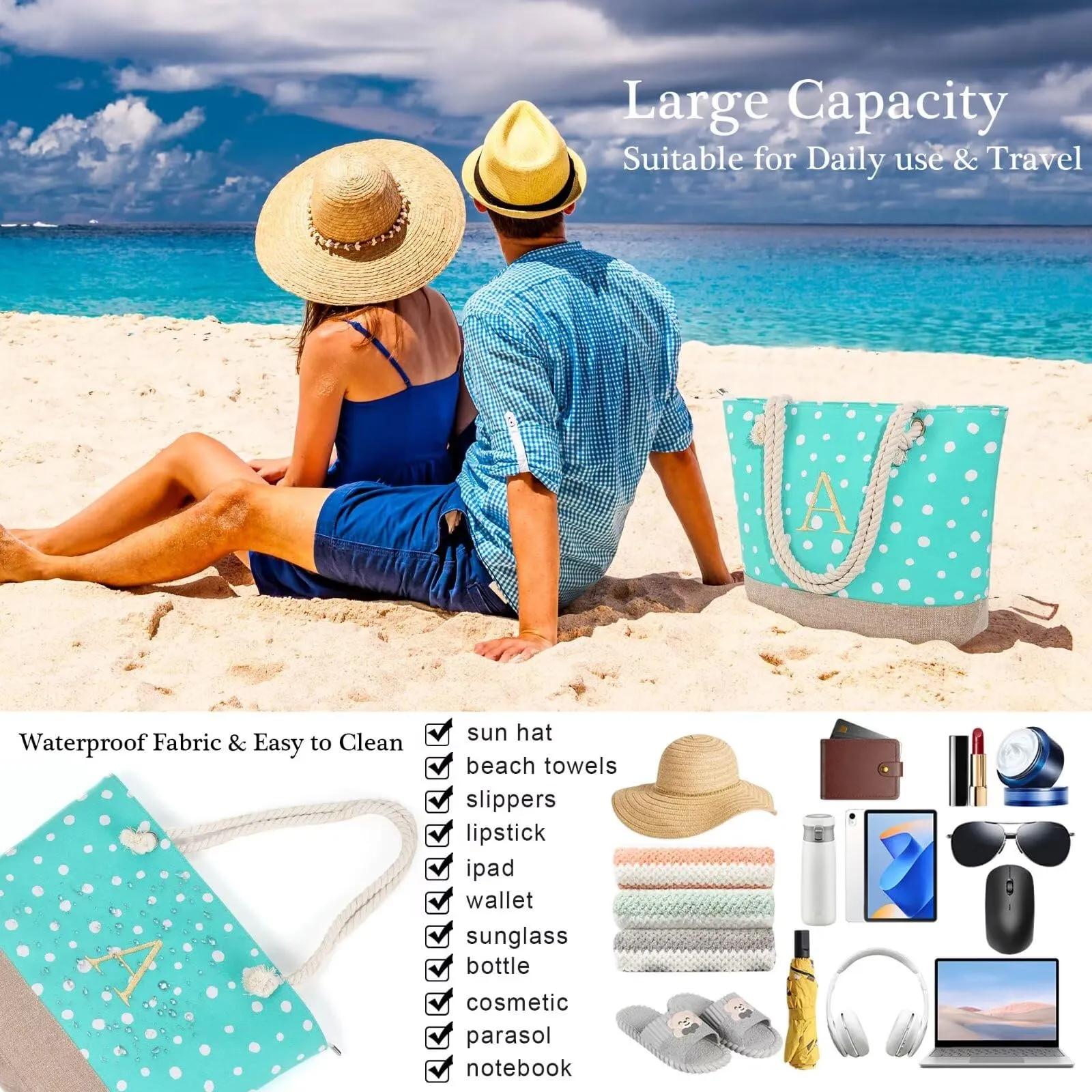 YOOLIFE Initial Beach Bag - Beach Bags for Women, Initial Beach Bag Canvas Monogrammed Beach Bag Personalized Travel Beach Gifts Birthday Gifts for Women M