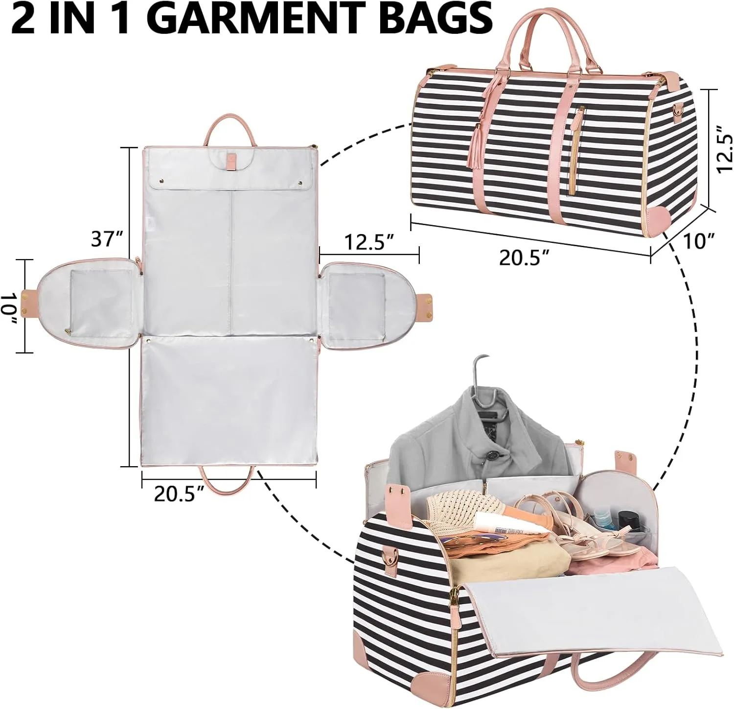 Ytonet Carry On Garment Bag, Large Hanging Duffle Bag for Women, PU Leather Waterproof Bags Travel with Shoe Pouch - 2 in 1 Suitcase Suit Bags, Black and White Stripe