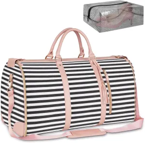 Ytonet Carry On Garment Bag, Large Hanging Duffle Bag for Women, PU Leather Waterproof Bags Travel with Shoe Pouch - 2 in 1 Suitcase Suit Bags, Black and White Stripe