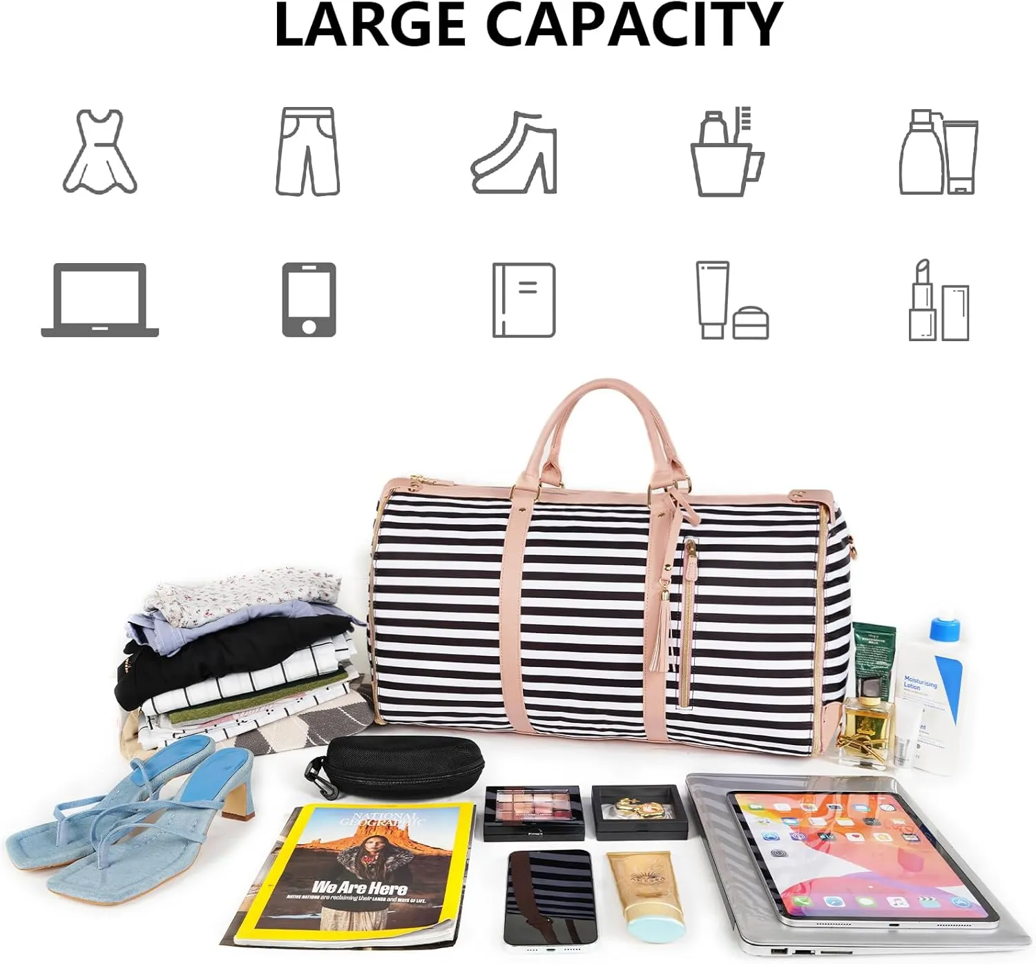 Ytonet Carry On Garment Bag, Large Hanging Duffle Bag for Women, PU Leather Waterproof Bags Travel with Shoe Pouch - 2 in 1 Suitcase Suit Bags, Black and White Stripe