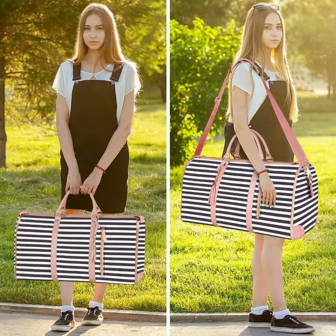 Ytonet Carry On Garment Bag, Large Hanging Duffle Bag for Women, PU Leather Waterproof Bags Travel with Shoe Pouch - 2 in 1 Suitcase Suit Bags, Black and White Stripe
