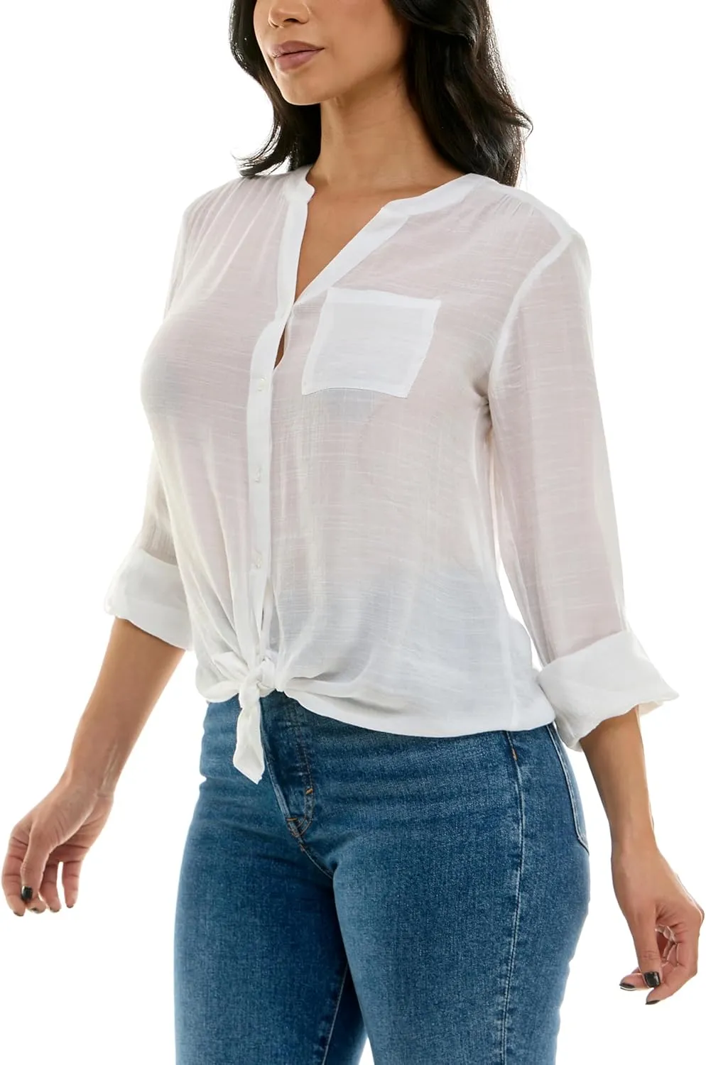 Zac & Rachel Women's Long Sleeve Linen-Like Button Up Shirt with Front Tie   Pocket