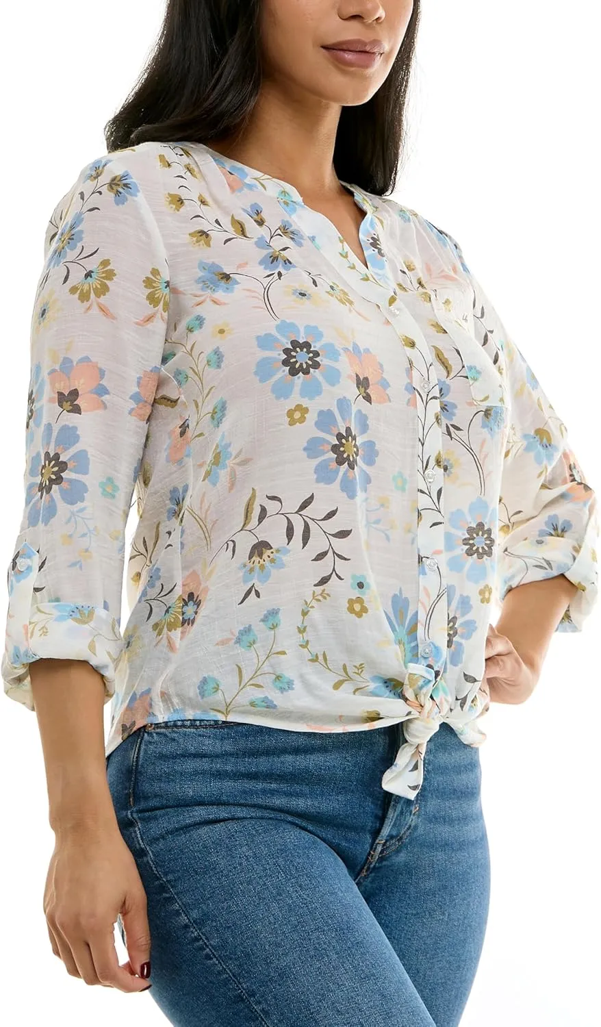 Zac & Rachel Women's Long Sleeve Linen-Like Button Up Shirt with Front Tie   Pocket
