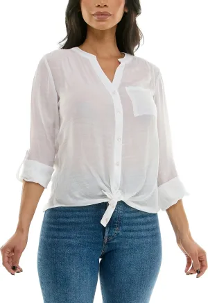 Zac & Rachel Women's Long Sleeve Linen-Like Button Up Shirt with Front Tie   Pocket