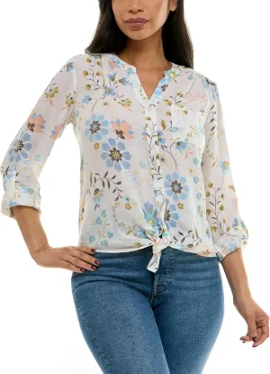 Zac & Rachel Women's Long Sleeve Linen-Like Button Up Shirt with Front Tie   Pocket