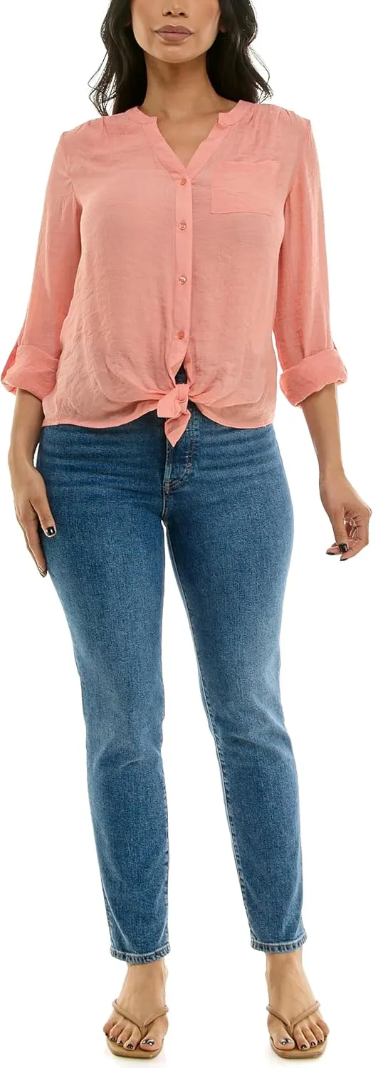 Zac & Rachel Women's Long Sleeve Linen-Like Button Up Shirt with Front Tie   Pocket