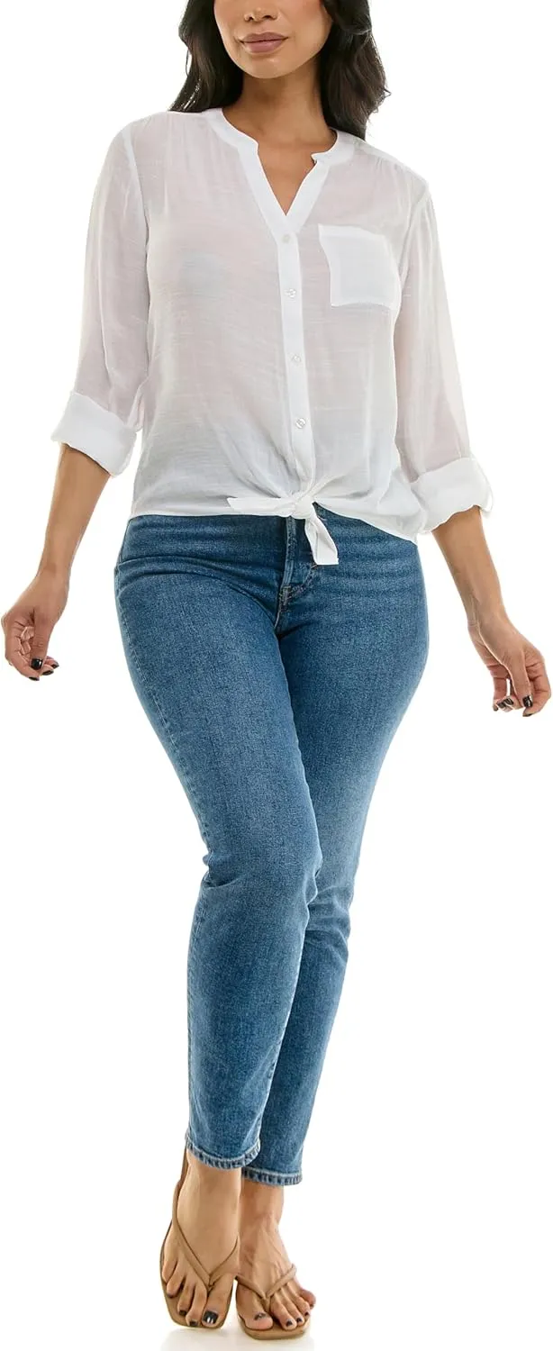 Zac & Rachel Women's Long Sleeve Linen-Like Button Up Shirt with Front Tie   Pocket