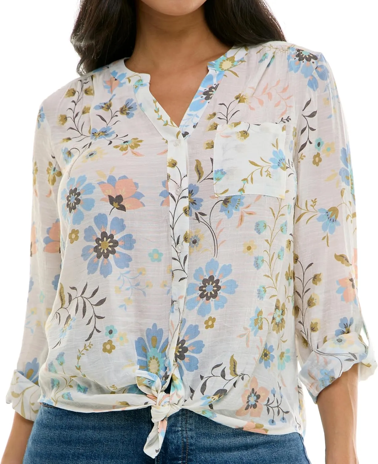 Zac & Rachel Women's Long Sleeve Linen-Like Button Up Shirt with Front Tie   Pocket