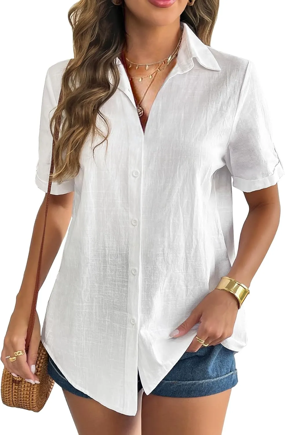 Zeagoo Women Linen Button Down Shirt Rolled Cuffed Short Sleeve Blouse Ladies Summer Casual V Neck Beach Cotton Tops