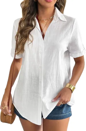 Zeagoo Women Linen Button Down Shirt Rolled Cuffed Short Sleeve Blouse Ladies Summer Casual V Neck Beach Cotton Tops