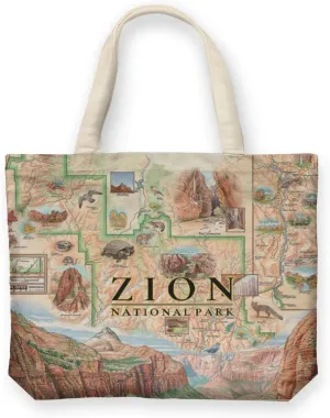 Zion National Park Map Canvas Tote Bag with Handles, Cloth Grocery Shopping Bag, Reusable & Eco-friendly Bag, 100% Cotton, Washable, 18 wide x 15 tall
