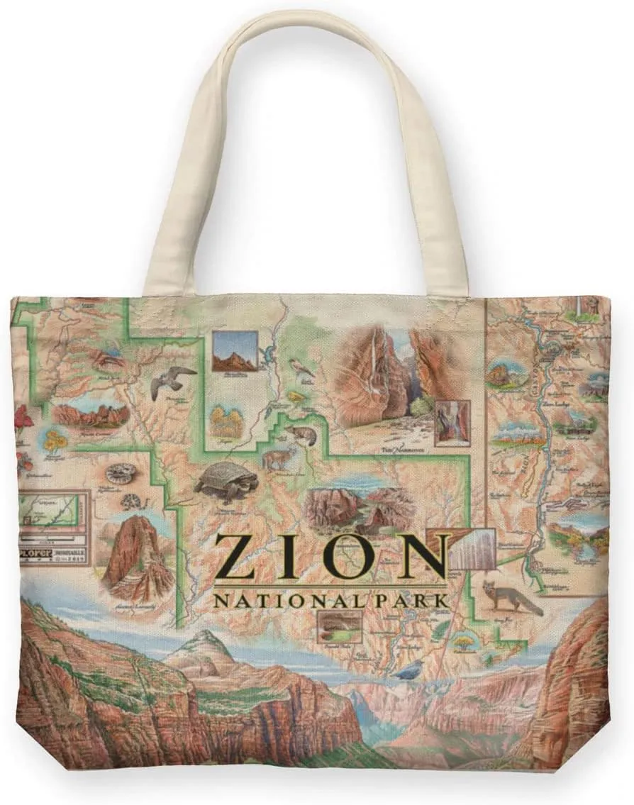 Zion National Park Map Canvas Tote Bag with Handles, Cloth Grocery Shopping Bag, Reusable & Eco-friendly Bag, 100% Cotton, Washable, 18 wide x 15 tall