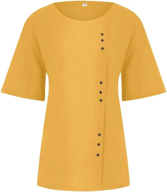 ZOCAVIA Women's Cotton Linen Shirts Summer Casual Boho Floral Short Sleeve Buttons Blouse Oversized Loose Ladies Tunic Tops