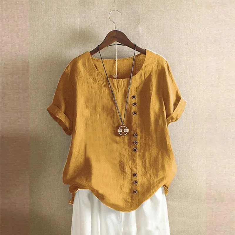 ZOCAVIA Women's Cotton Linen Shirts Summer Casual Boho Floral Short Sleeve Buttons Blouse Oversized Loose Ladies Tunic Tops