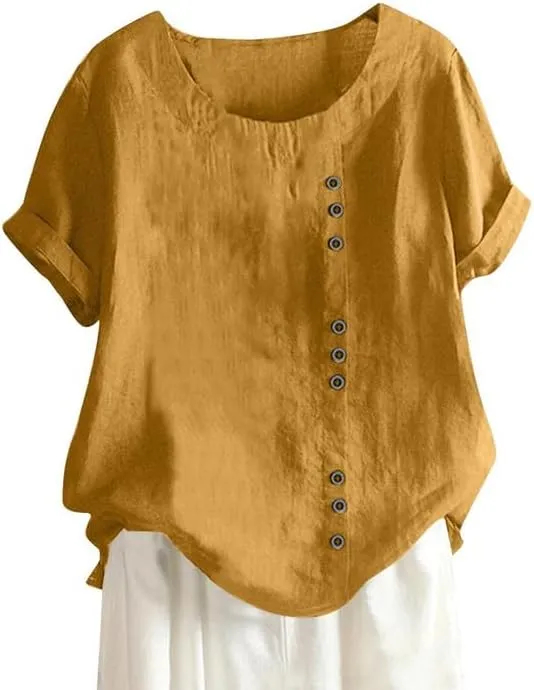ZOCAVIA Women's Cotton Linen Shirts Summer Casual Boho Floral Short Sleeve Buttons Blouse Oversized Loose Ladies Tunic Tops