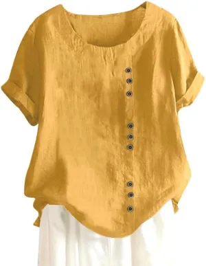 ZOCAVIA Women's Cotton Linen Shirts Summer Casual Boho Floral Short Sleeve Buttons Blouse Oversized Loose Ladies Tunic Tops