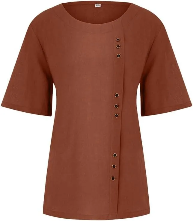 ZOCAVIA Women's Cotton Linen Shirts Summer Casual Boho Floral Short Sleeve Buttons Blouse Oversized Loose Ladies Tunic Tops