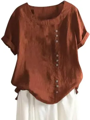 ZOCAVIA Women's Cotton Linen Shirts Summer Casual Boho Floral Short Sleeve Buttons Blouse Oversized Loose Ladies Tunic Tops