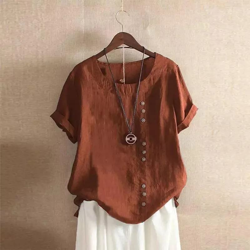 ZOCAVIA Women's Cotton Linen Shirts Summer Casual Boho Floral Short Sleeve Buttons Blouse Oversized Loose Ladies Tunic Tops