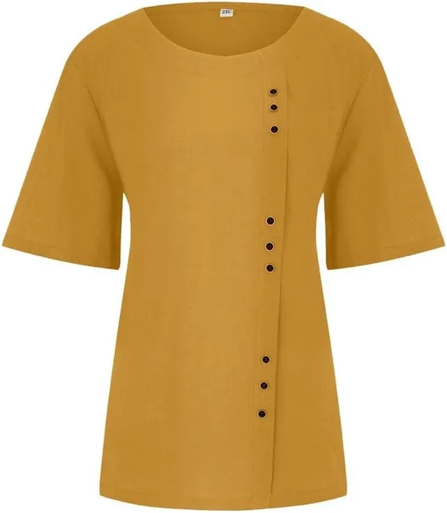ZOCAVIA Women's Cotton Linen Shirts Summer Casual Boho Floral Short Sleeve Buttons Blouse Oversized Loose Ladies Tunic Tops