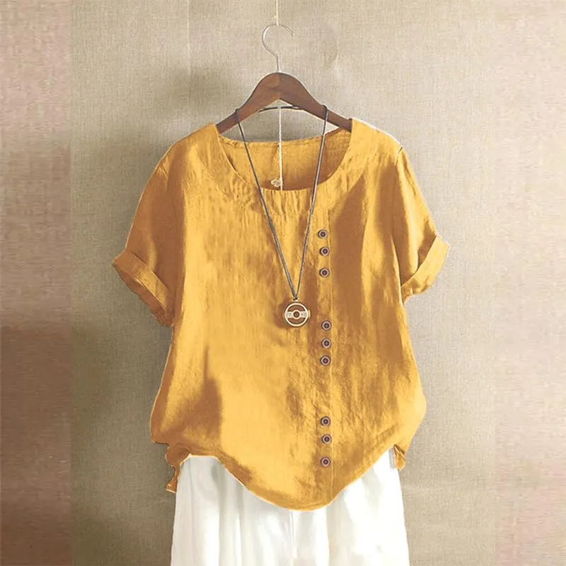 ZOCAVIA Women's Cotton Linen Shirts Summer Casual Boho Floral Short Sleeve Buttons Blouse Oversized Loose Ladies Tunic Tops