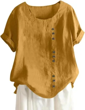 ZOCAVIA Women's Cotton Linen Shirts Summer Casual Boho Floral Short Sleeve Buttons Blouse Oversized Loose Ladies Tunic Tops
