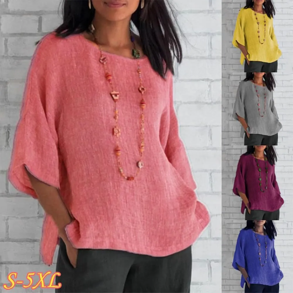 ZOCAVIA Women's Plus Size Casual Loose Cotton Linen 3/4 Sleeve Shirts Blouses 2024 Spring Summer Lightweight Solid Tunic Tops