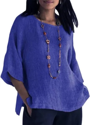 ZOCAVIA Women's Plus Size Casual Loose Cotton Linen 3/4 Sleeve Shirts Blouses 2024 Spring Summer Lightweight Solid Tunic Tops