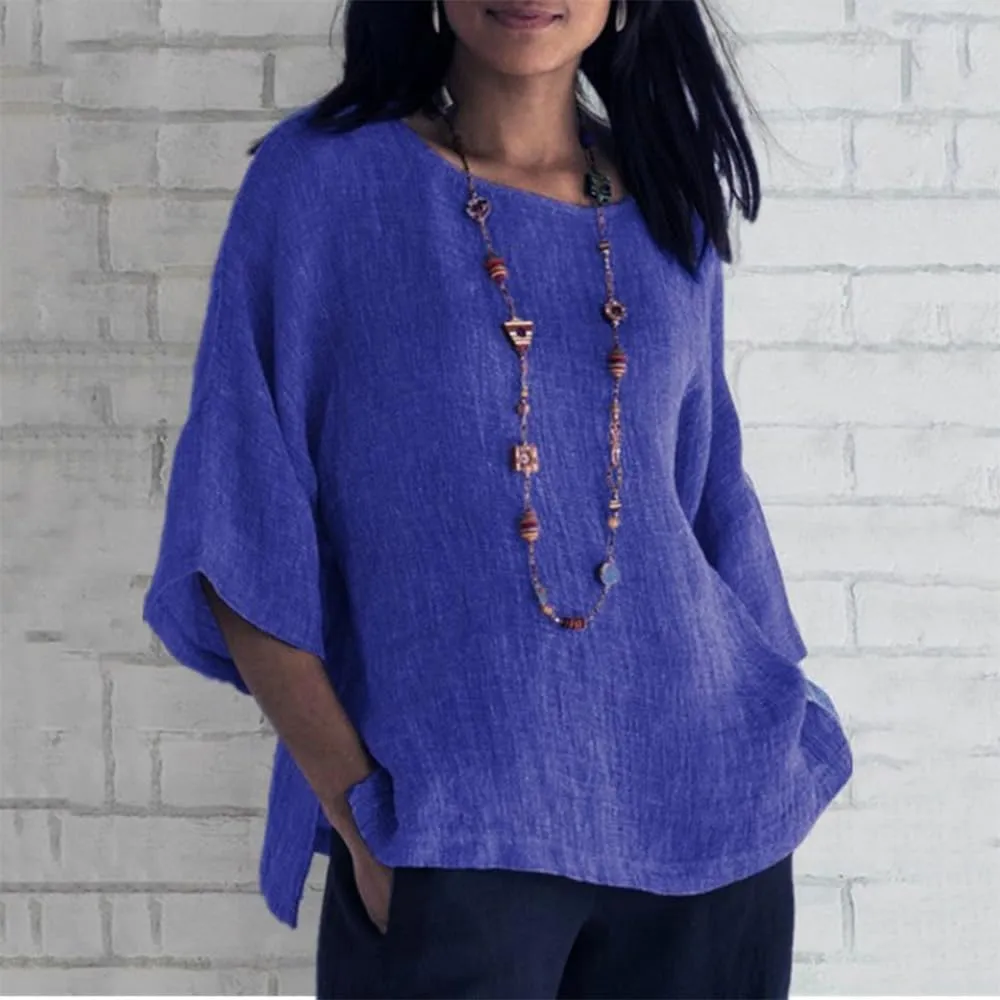 ZOCAVIA Women's Plus Size Casual Loose Cotton Linen 3/4 Sleeve Shirts Blouses 2024 Spring Summer Lightweight Solid Tunic Tops